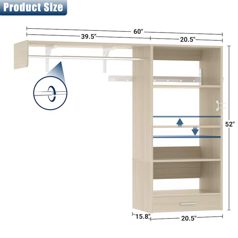60'' Wall-mounted Closet System with Hanging Rods, Clothing Organizer with Tower Shelves for Laundry Room