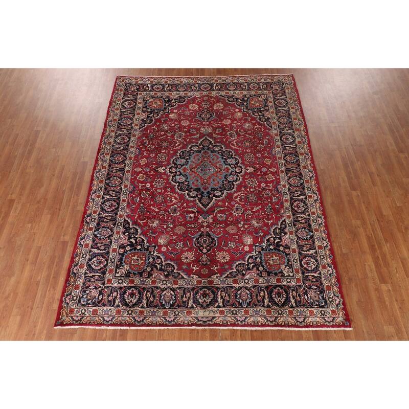 Traditional Signed Mashad Persian Vintage Rug Handmade Wool Carpet - 8'0"x 10'9"