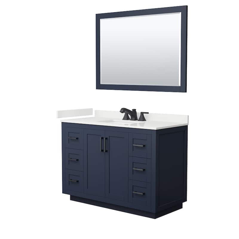Miranda 48-inch Single Vanity, Quartz Top, 46-inch Mirror - Dark Blue, Black Trim, White Quartz Top