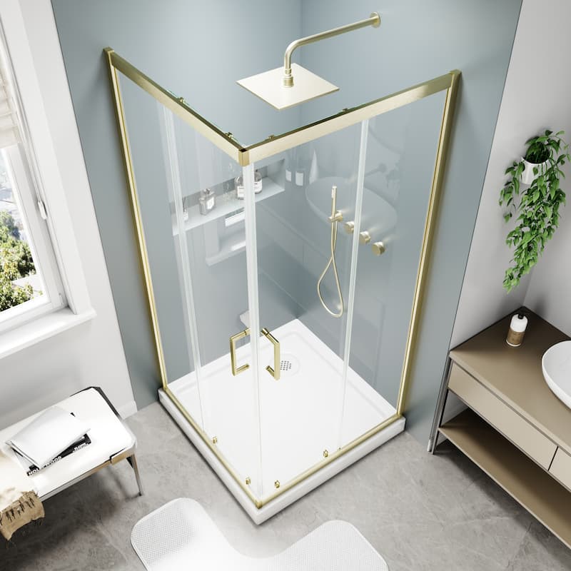 Modland 36x71''H Corner Double Sliding Shower Door with 6mm Tempered Glass for Space-Saving Sliding Design, Black/Gold