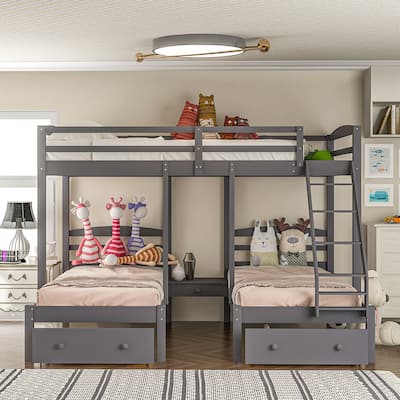 Full over Twin & Twin Bunk Bed, Triple Bunk Bed with Drawers