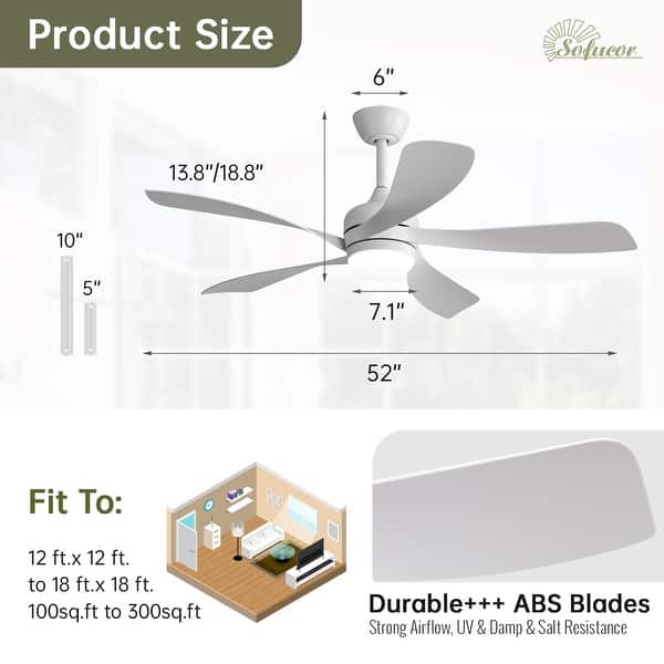 dimension image slide 1 of 10, Sofucor 45/52 Inch Ceiling Fan with Remote & Lights Quiet DC Motor 5 Blade High CFM Modern Fan