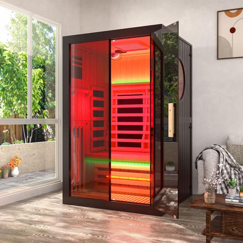 VEIKOUS 2-Person Hemlock Wood Infrared Sauna, 5 Carbon Panel 360° Heating Home Spa with Bluetooth, Oxygen Bar & Color Therapy