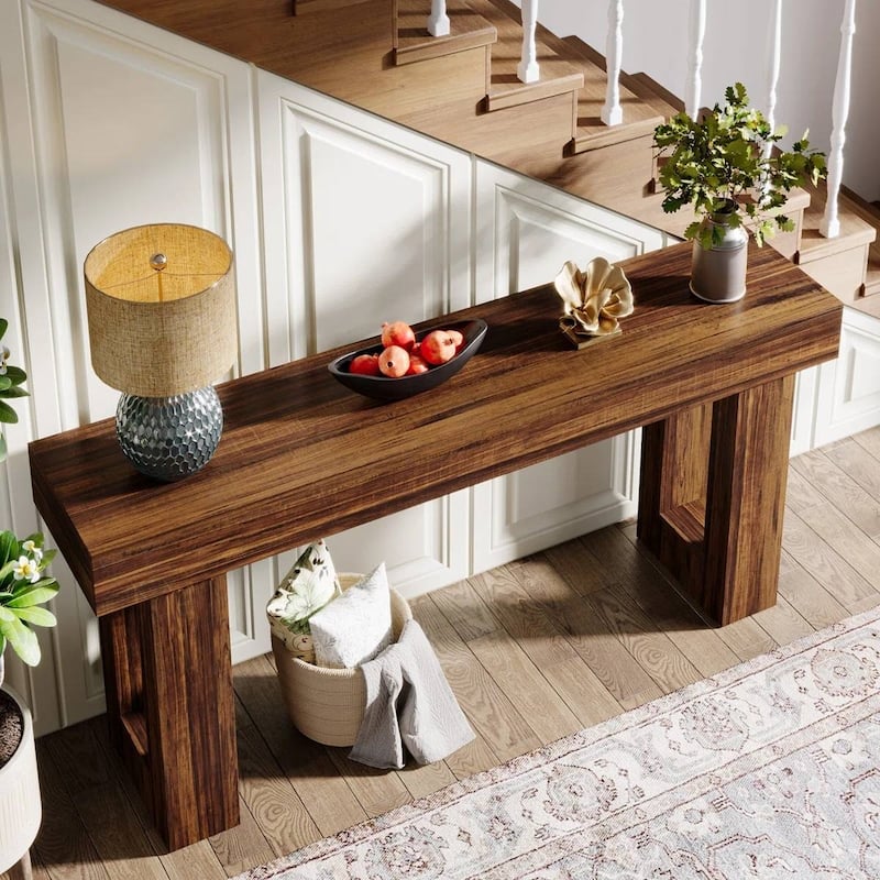 63 Inch Modern Rustic Entryway Console Table with Wood Finish and Legs for Hallway or Living Room - 63”L x 3.77”W x 33.46”H