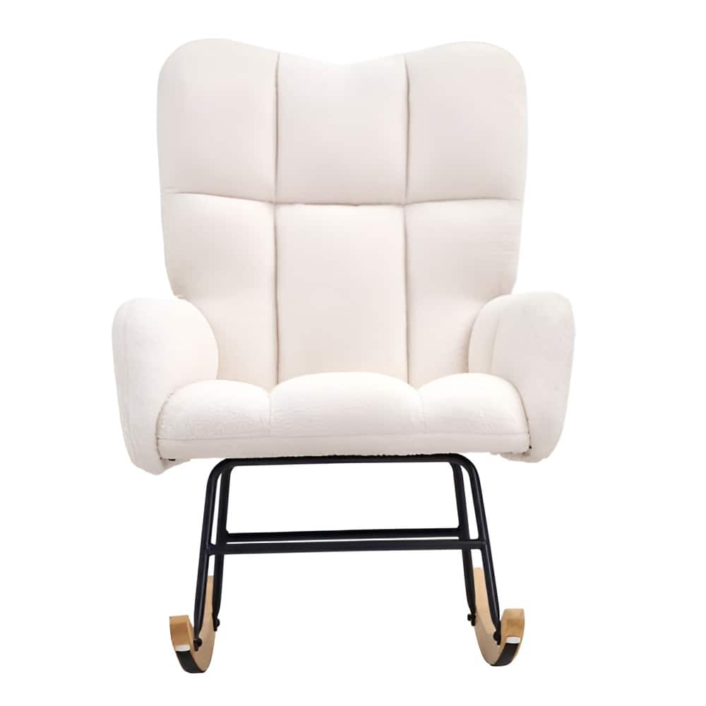 Ivory White Teddy Velvet Nursery Rocking Chair Ergonomic High-Back Glider with Rubberwood Base - 37.4 x 28.2 x 38.2in