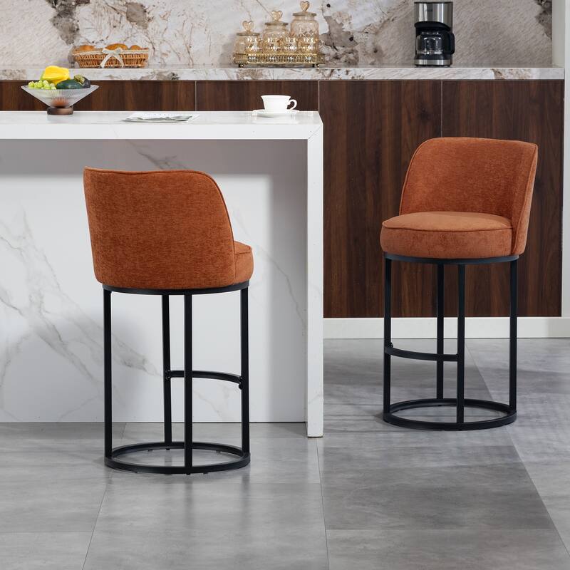 Counter Height Bar Stools Set of 2, Modern Barrel Counter Stools with Backrest, Linen Fabric Upholstered Accent Bar Stools