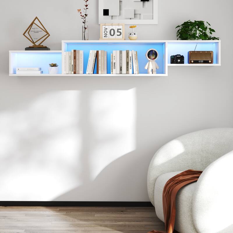 Modern Wall-Mounted Floating TV Stand with 20 Color LEDs and Charging Stations, for Living Room, White.