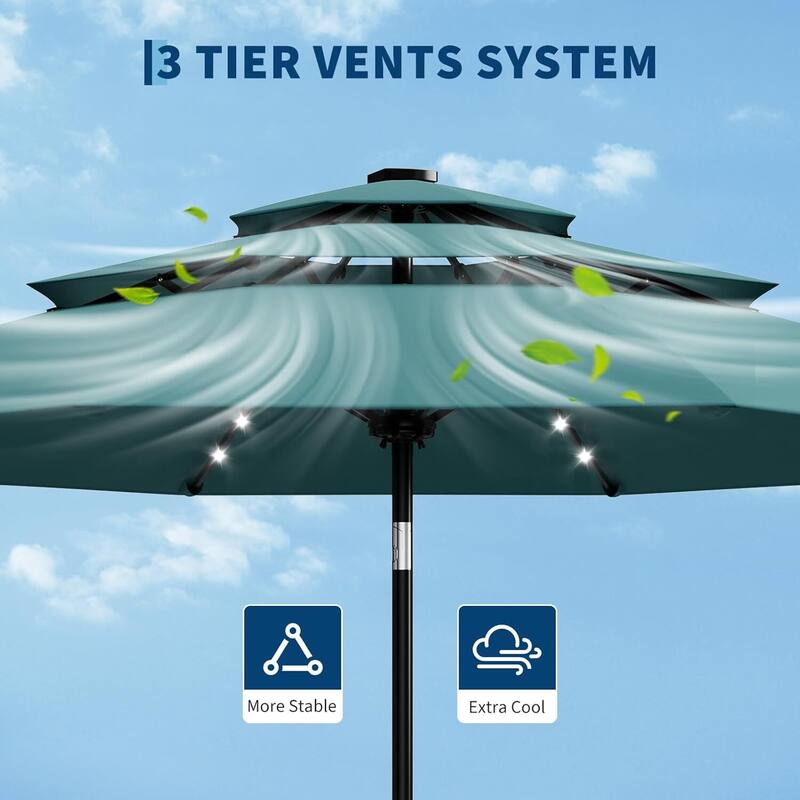 3-Tier 10Ft Patio Umbrella, Easy Crank and Push Button Tilt for Pool, Deck, Yard, Garden with LED Lights (No Base)