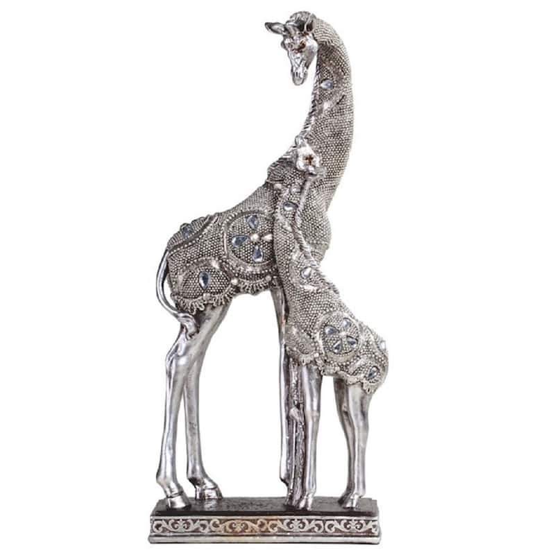 Q-Max 14.75"H Giraffe with Cub Figurine in Silver Finish