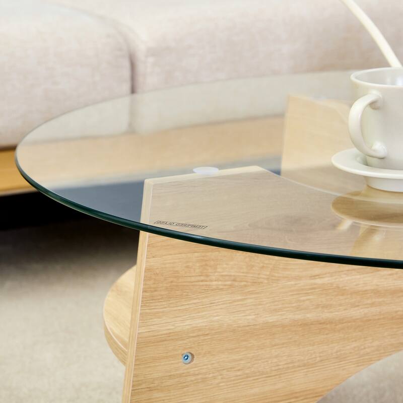 Round Tempered Glass Coffee Table with Fan Shaped Pedestal and Walnut Legs