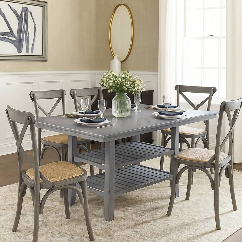 Suzy Counter-Height Table, 2 Slatted Shelves, Gray Rubberwood, 64 Inch