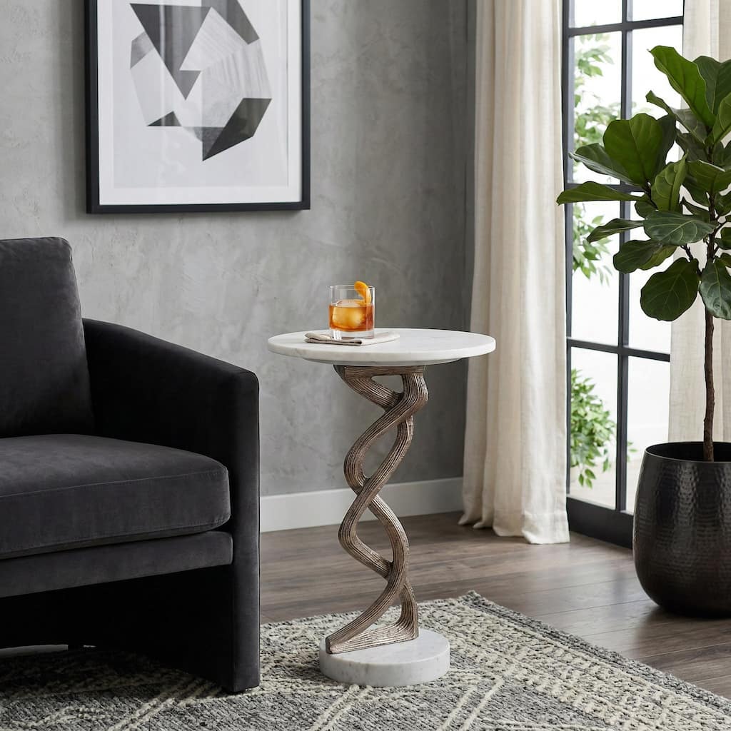 Metal Base Accent Side Table with Round Marble Top - 23", White & Gold - 22.5"