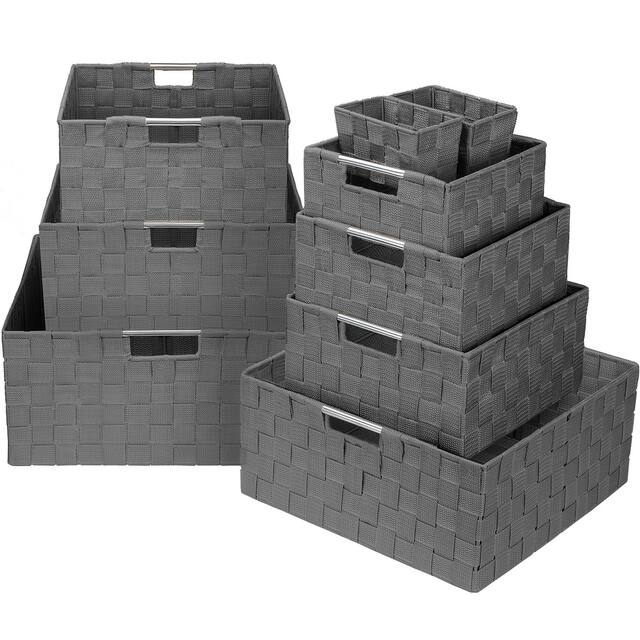 Storage Box Woven Basket Bin Container Tote Cube Organizer Set Stackable Shelf Organizer Built-in Carry Handles (9-Piece)
