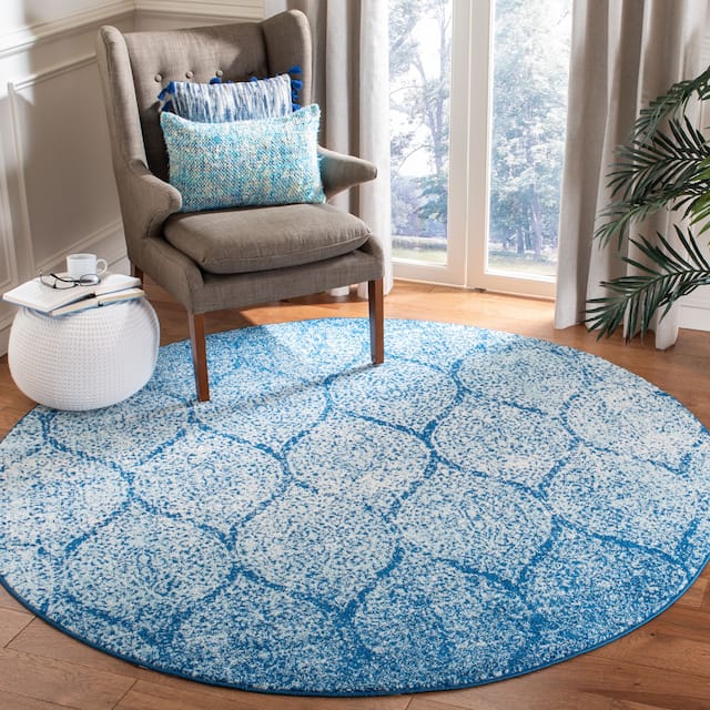 SAFAVIEH Madison Stella Boho Chic Ogee Trellis Rug - 6'7" x 6'7" Round - Navy/Blue