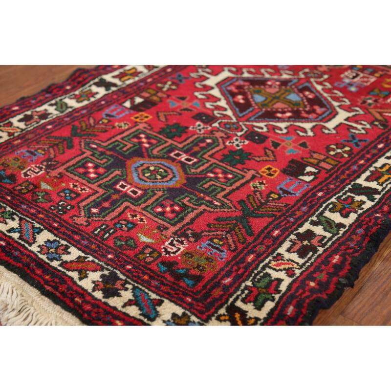 Tribal Geometric Gharajeh Persian Runner Rug Handmade Red Wool Carpet - 2'4"x 9'10"