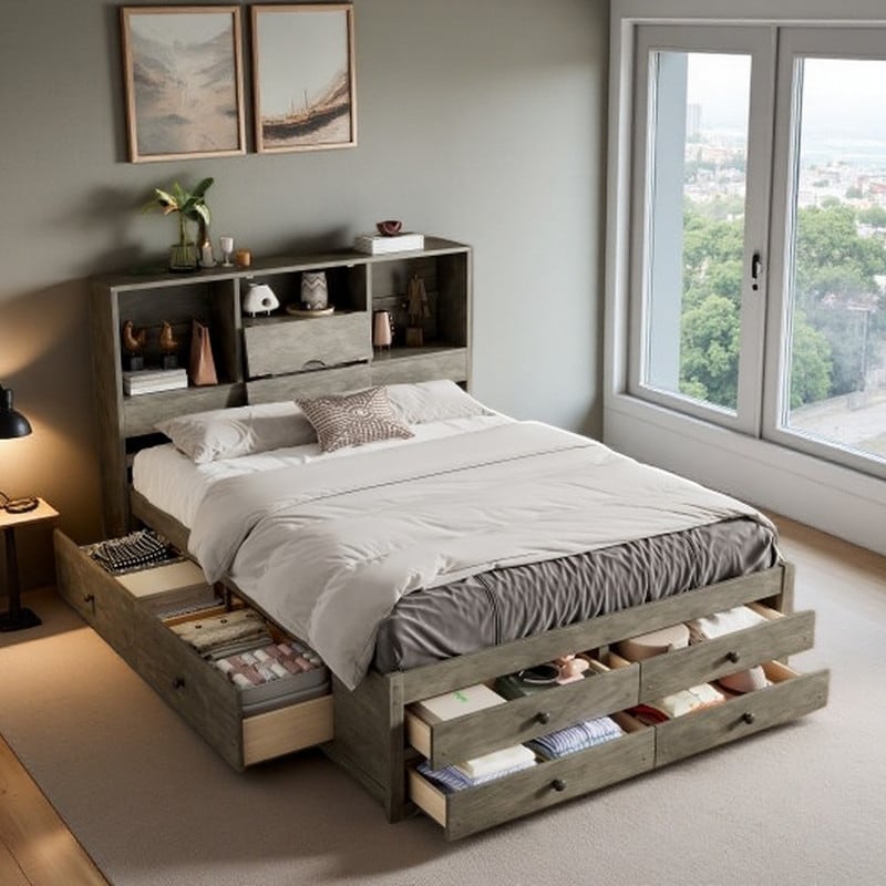 Queen Platform Bed with Storage Headboard & 8 Drawers, Solid Wood & MDF Construction, No Box Spring Required