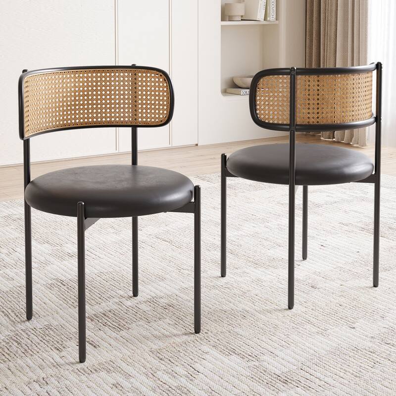Dining Chairs Set of 4, PU Leather Upholstered Seat with Woven Rattan Back, Sturdy Metal Legs Modern Side Chairs