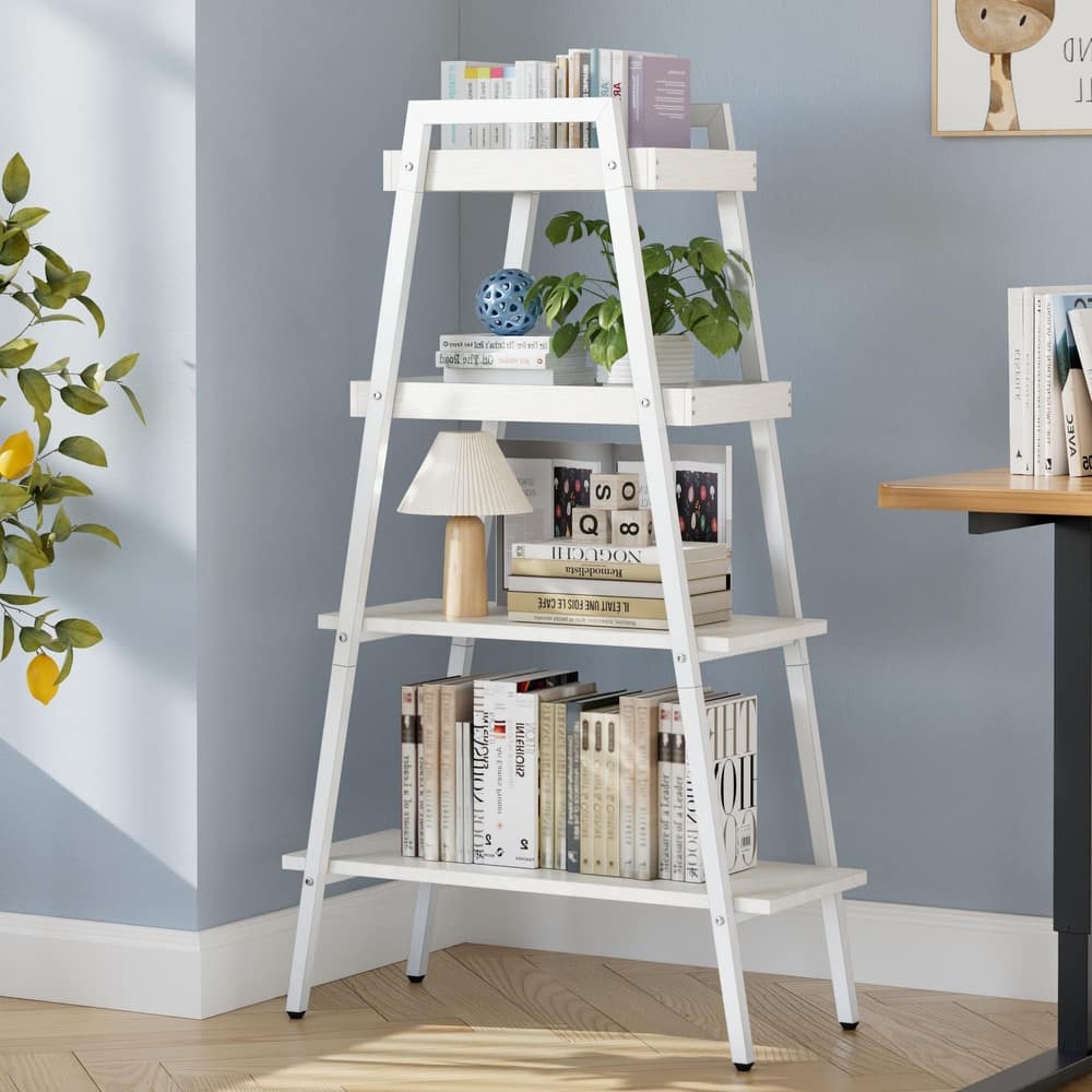 VECELO Modern 4-Tier Corner Ladder Bookshelf Metal & Waterproof MDF Shelves for Living Room Kitchen & Bathroom Corner Bookcase