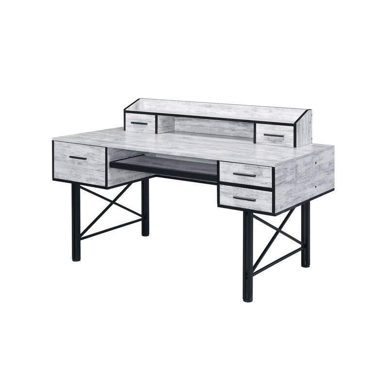 59" Antiqued White and Black Computer Desk With Five Drawers
