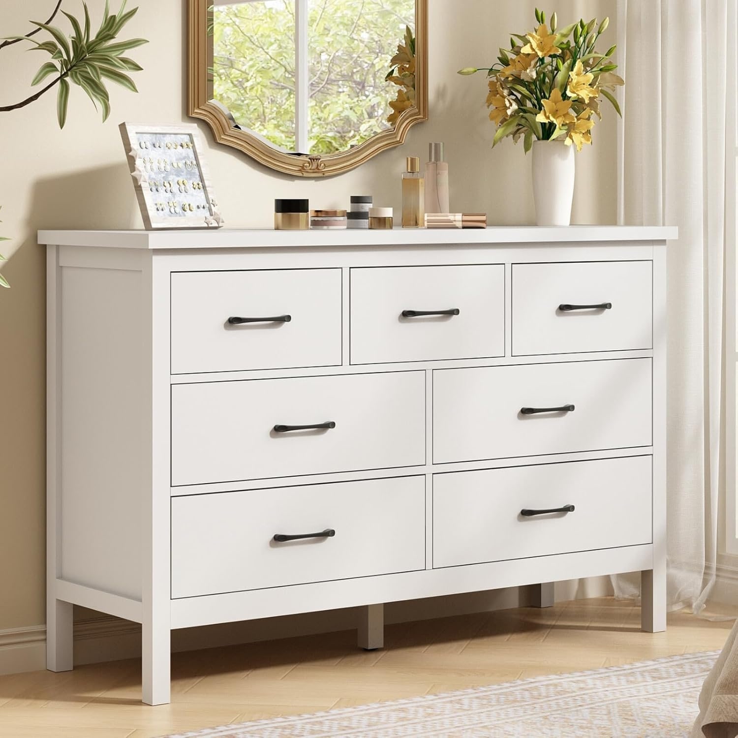 White 7-Drawer Wooden Dresser with Metal Handles, Wide Storage Chest for Bedroom, Living Room, Hallway