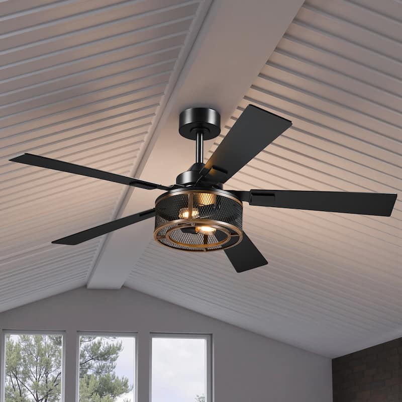 52" 5 - Blade Industrial Farmhouse Meshed Cage Ceiling Fan with Light and Remote - Walnut