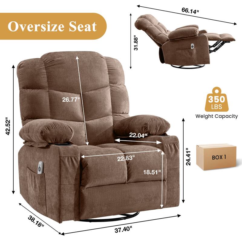 Oversized Massage Swivel Recliner Chair with Lumbar Heating for Living Room Rocker Recliner with Cup Holders and USB Charge Port