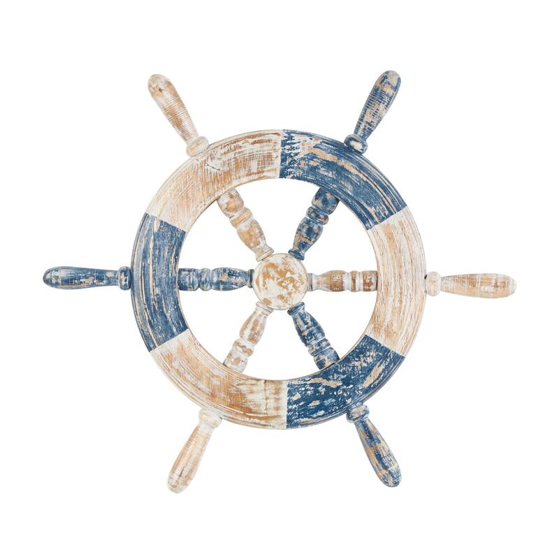 Blue Wood Distressed Two-Toned Ship Wheel Home Wall Decor with Brown Accents
