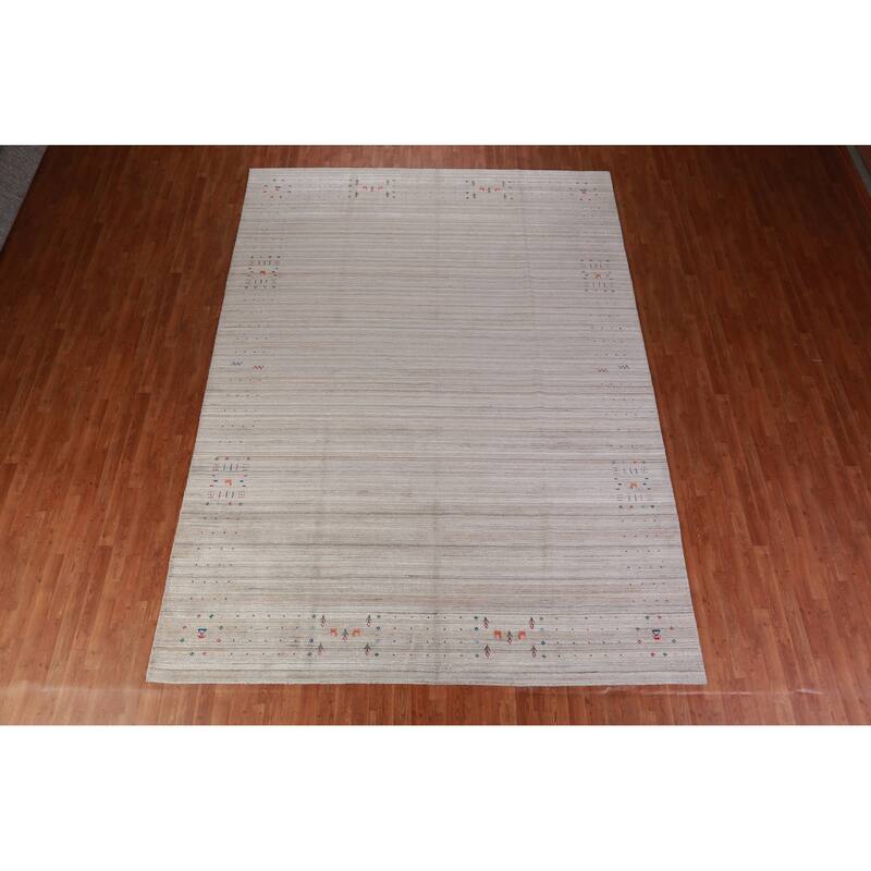 Gabbeh Indian Area Rug Hand-Knotted Tribal Beige Wool Carpet - 9'0" x 12'6"