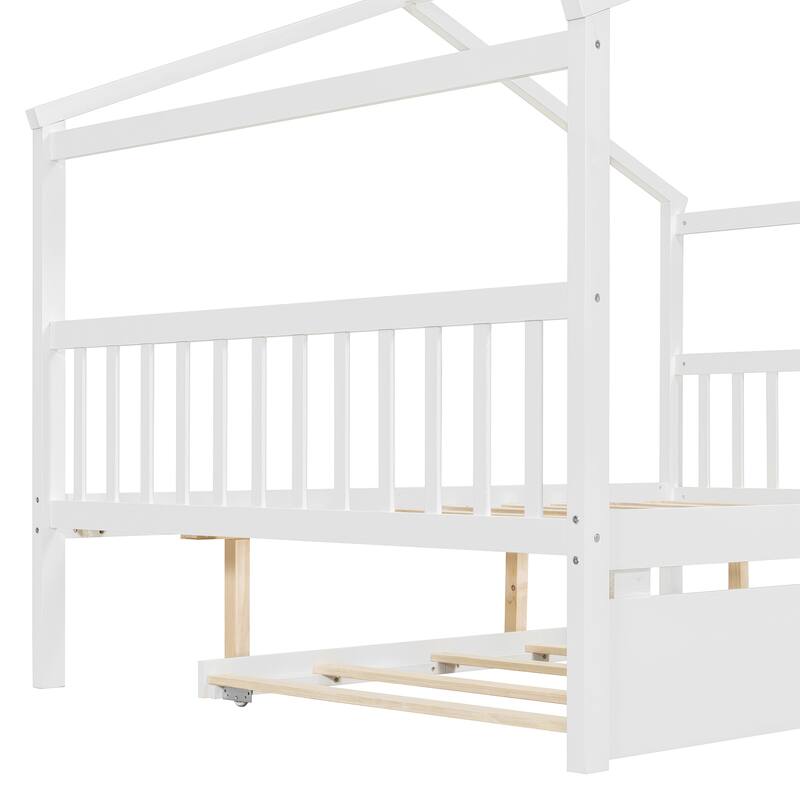 Full Size Wooden House Bed with Twin Trundle in White, Gray, Natural, Walnut