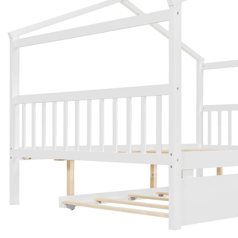 Kids Full Size House Bed with Pull-Out Trundle and Headboards Durable Pine Construction
