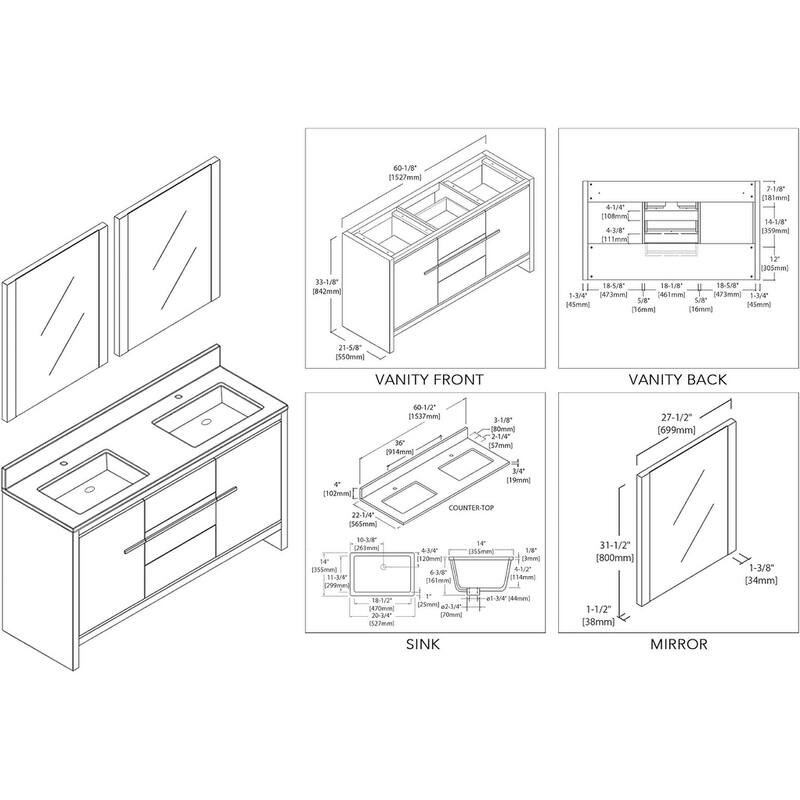 Blossom 60-Inch Double Bathroom Vanity Set with Acrylic Sinks & Mirror