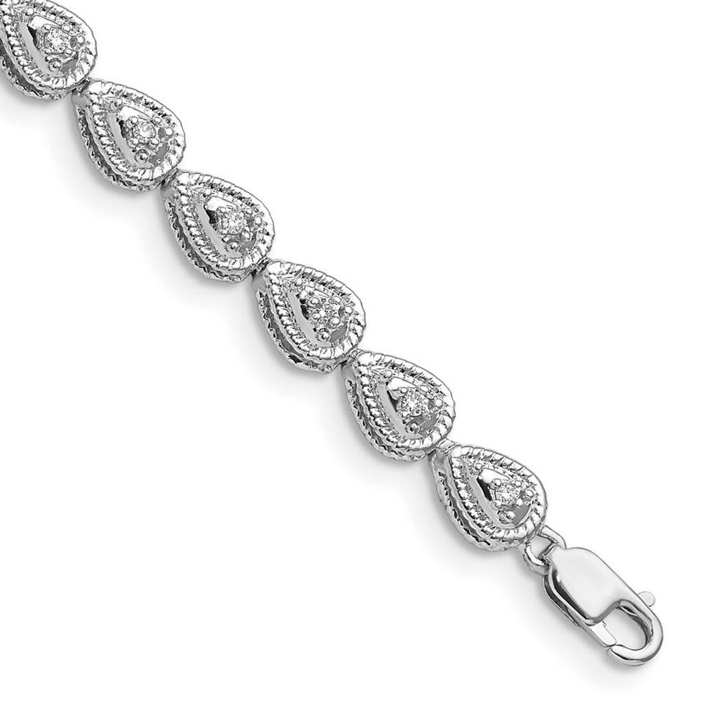 Curata 925 Sterling Silver Polished Lobster Claw Closure Rhodium Plated Diamond Teardrop Link Bracelet