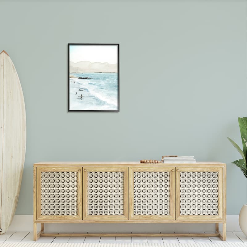 Stupell Surfing Shoreline Sea Waves Foggy Mountains Framed Wall Art, Design by Grace Popp - Blue