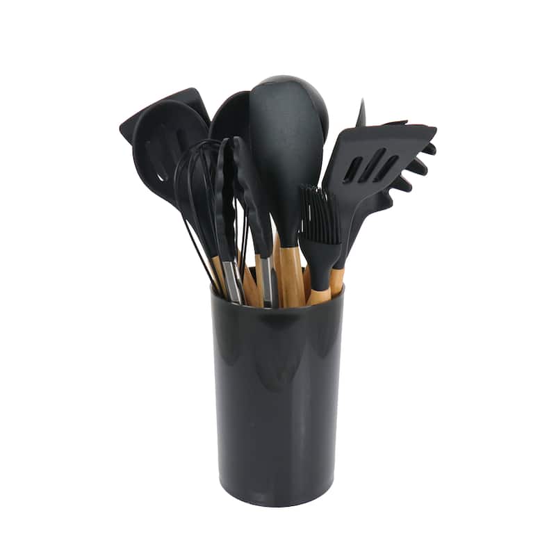 MegaChef 12 Piece Black Silicone and Wood Kitchen Utensil Set