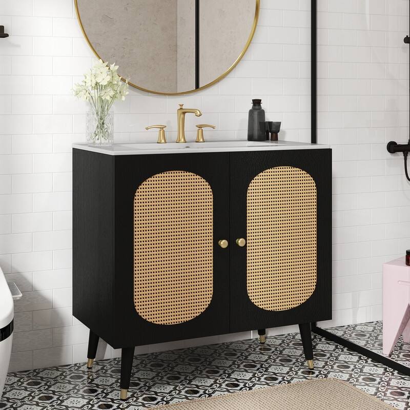 Moasis 24" Bathroom Vanity with Ceramic Sink, Rattan Double Door Cabinet and Drawer, Freestanding Solid Wood Legs - 36"W x 18.9"D x 34.6"H - Black