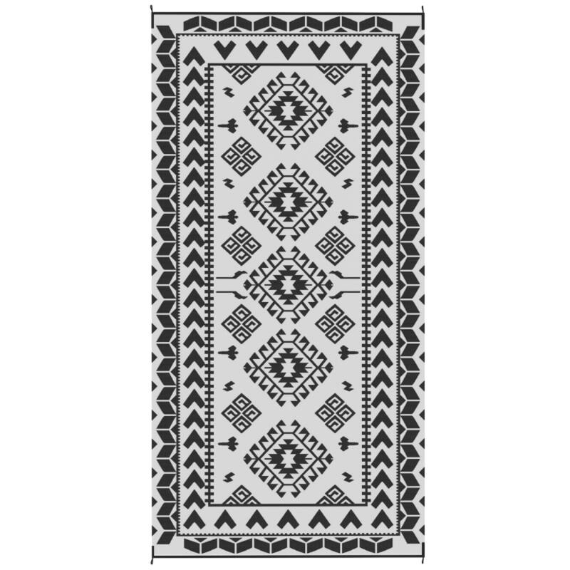 Reversible Outdoor Rug Rhombus Patchwork, UV-Protected, Foldable & Portable Polypropylene Mat - 215.7" L x 107.9" W - Black and White