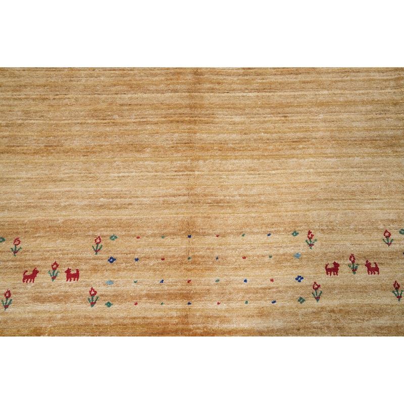 Hand Knotted Oriental Viscose Silk Carpet Tribal Animal Pictorial Yellow & Gold Gabbeh Area Rug - 11' 11'' X 8' 11''