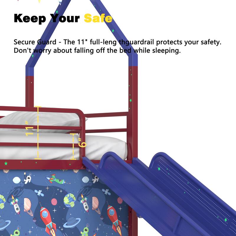 Superhero Themed Twin Loft Bed with Slide and Safety Features for Kids