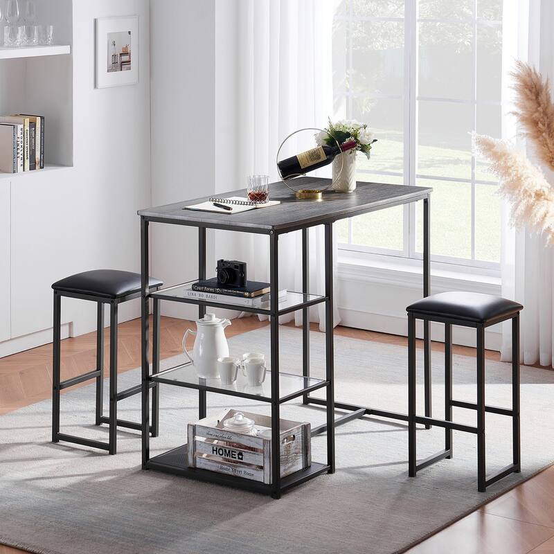VECELO 3-Pieces Modern Counter Dining Set with Bar Stools Set of 2, Counter Height Dining Set for Kitchen - 3-Piece Sets - 3D Pattern