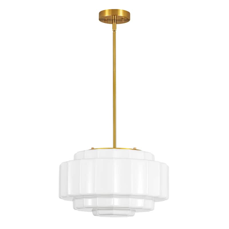 Rennnsan 3-Light Mid-Century Modern Brass Tiered Milk Glass Pendant for Dining Room - 15.7 in. W x 7.1 in. H