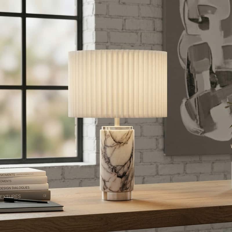 Brightech Arden 17 in. Marble Mid-Century Modern LED Table Lamp with Fabric Drum Shade and Built-In Charging Port