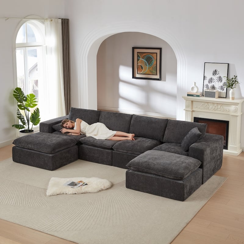 137.89" Modern Chenille Comfy Sectional Cloud Sofa with Two Pillows - Dark Gray