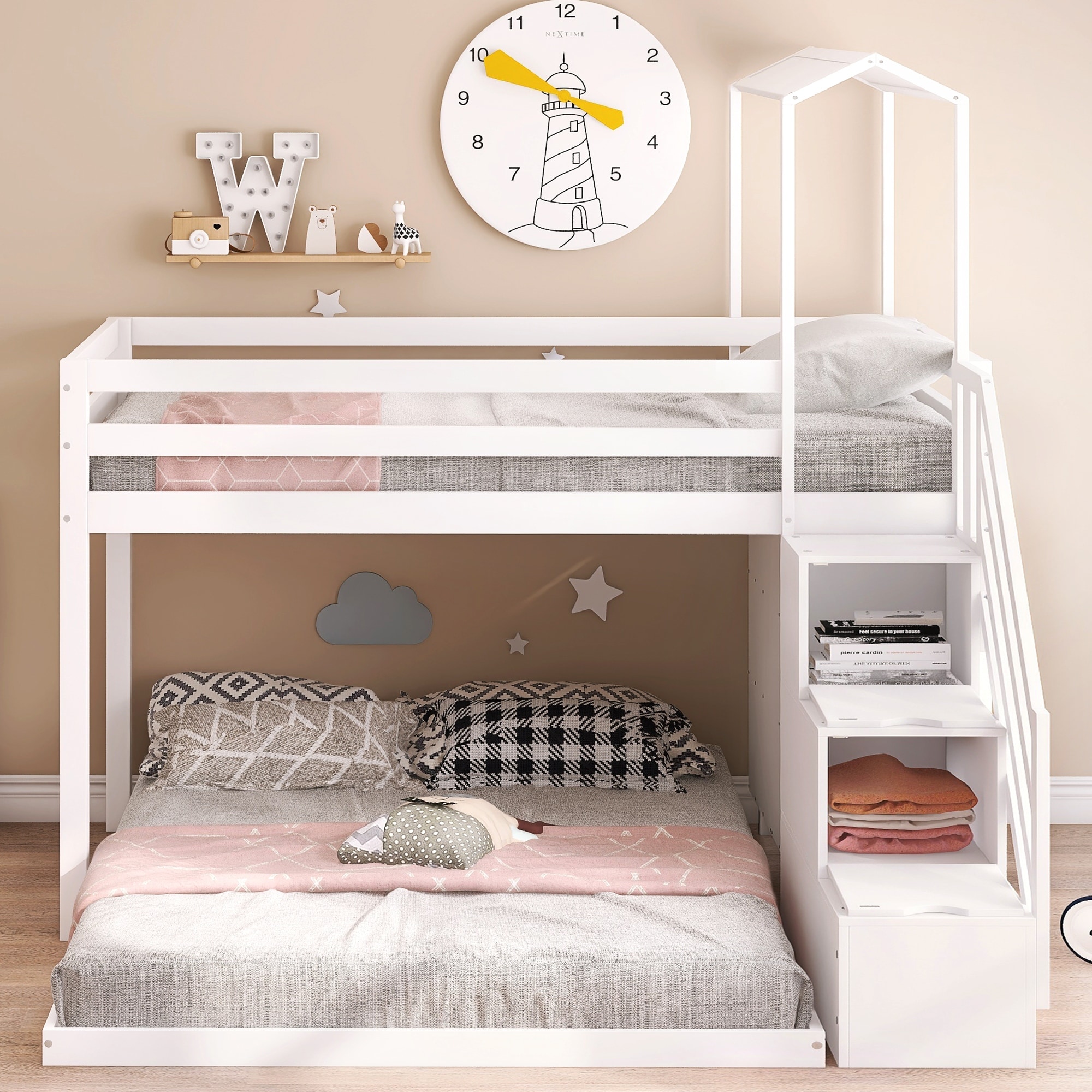 Modern Twin over Full House Roof Bunk Bed with Storage Staircase