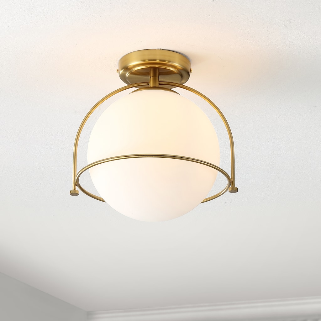 SAFAVIEH Lighting Noreen Flush Mount - 13" W x 11" D x 11" H - Gold/White Glass - 11Wx11Dx11H