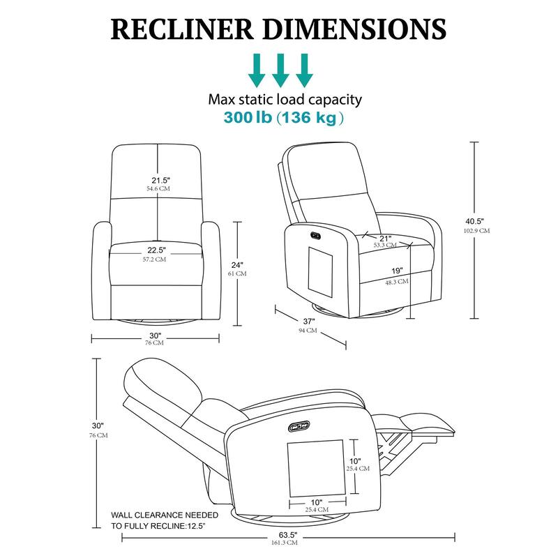 INK IVY Dakota Power Recliner 3-in-1 with Swivel, Glider, USB Ports