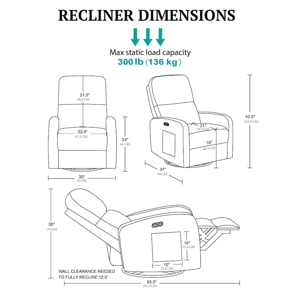 INK IVY Dakota Power Recliner 3-in-1 with Swivel, Glider, USB Ports