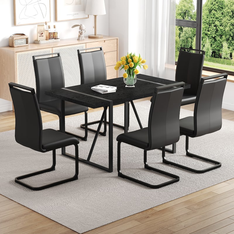 5/7-Piece Dining Table Set with PU Chairs, Modern Rectangular Dining Room Table Set for 4-6 People