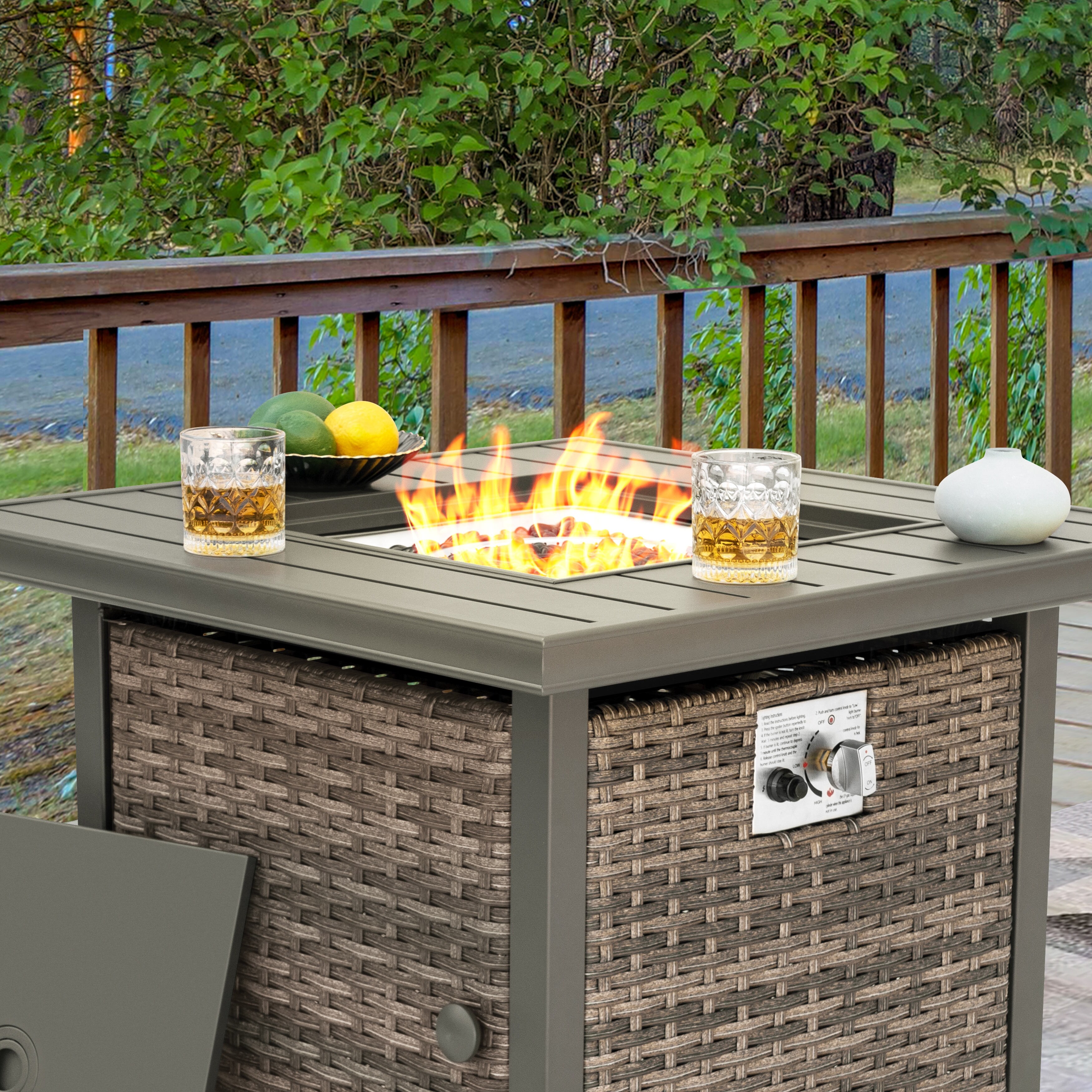 Nuu Garden Outdoor 30'' Square Rattan Fire Pit Table with Metal