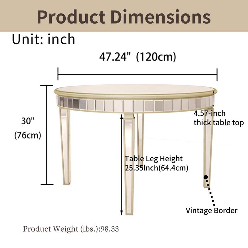 47" Round Mirror Top Table with Gold Geometric Base, Seats 4-6