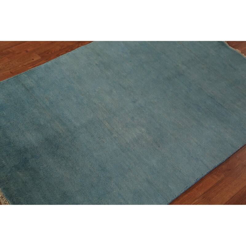 Blue Gabbeh Modern Rug Handmade Solid Wool Carpet - 3'4" x 4'11"